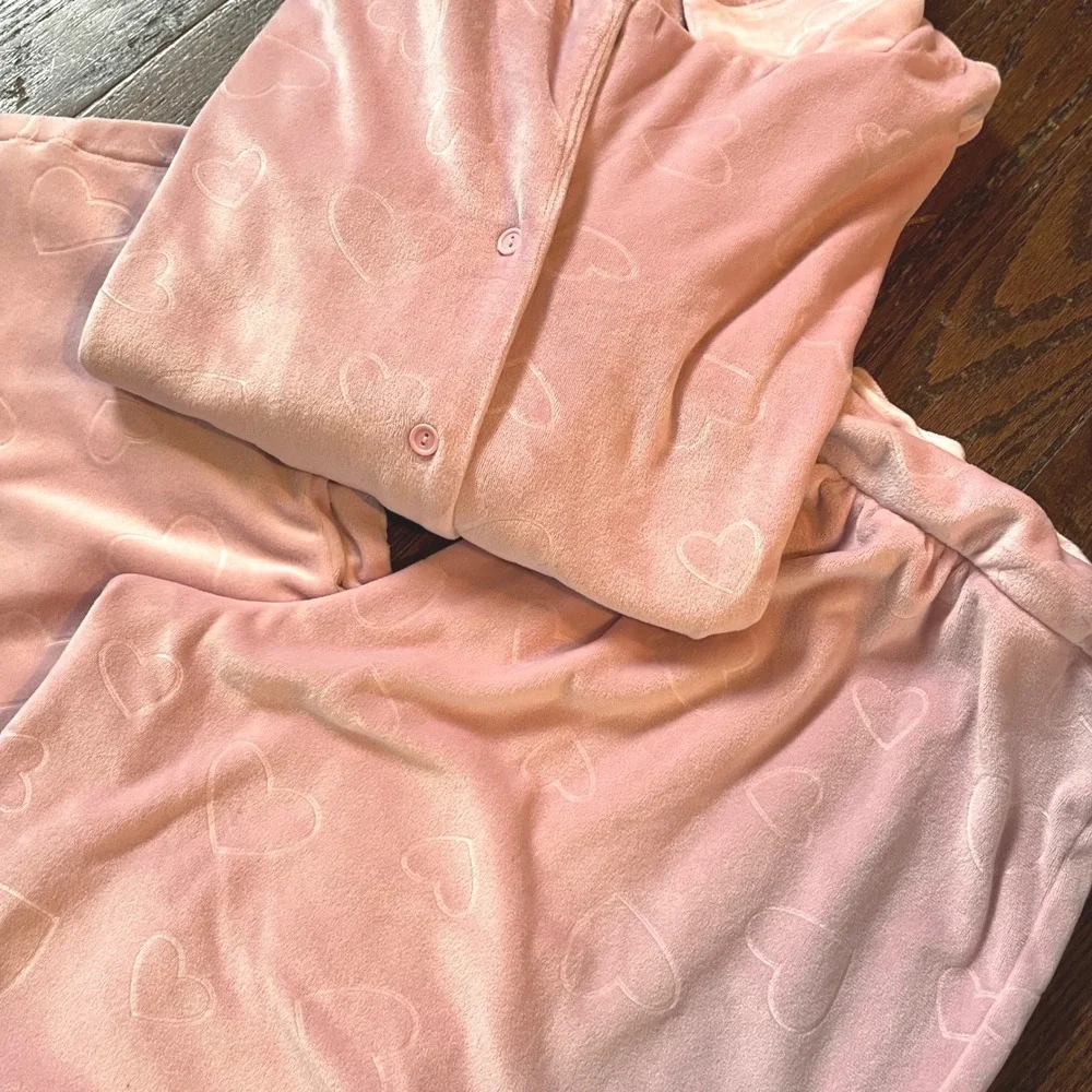 Jaclyn Intimates Pink Heart‎ Plush Pajama Set Medium Top Pants Sleepwear